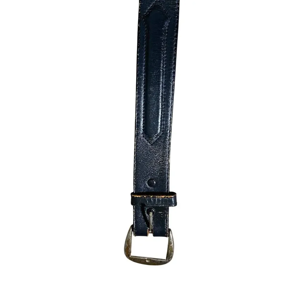 Vintage Black Leather Belt Wide Strap Silver Buckle Western Style 32